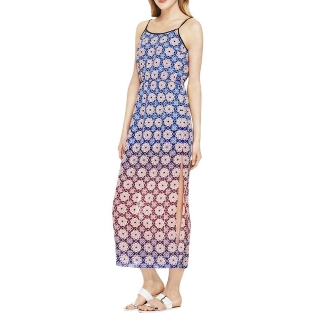 Vince Camuto Valencia Tile Sleeveless Maxi Dress Spaghetti Straps Cinched Waist